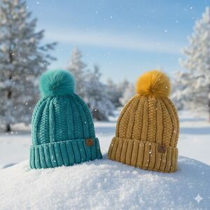 ​Set of 2 Page One Winter Beanie Hats Fleece Lined Cable Knit Pom Pom Teal...